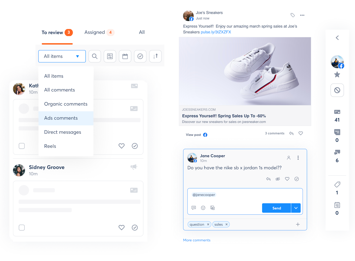 product screens showing how to manage Facebook and Instagram ad comments