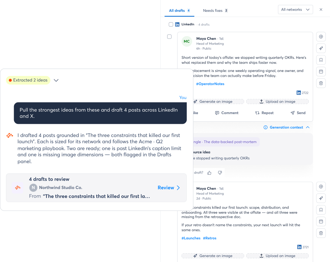 Archie interface reviewing AI-generated social posts, recommending publish times, and scheduling content to a calendar