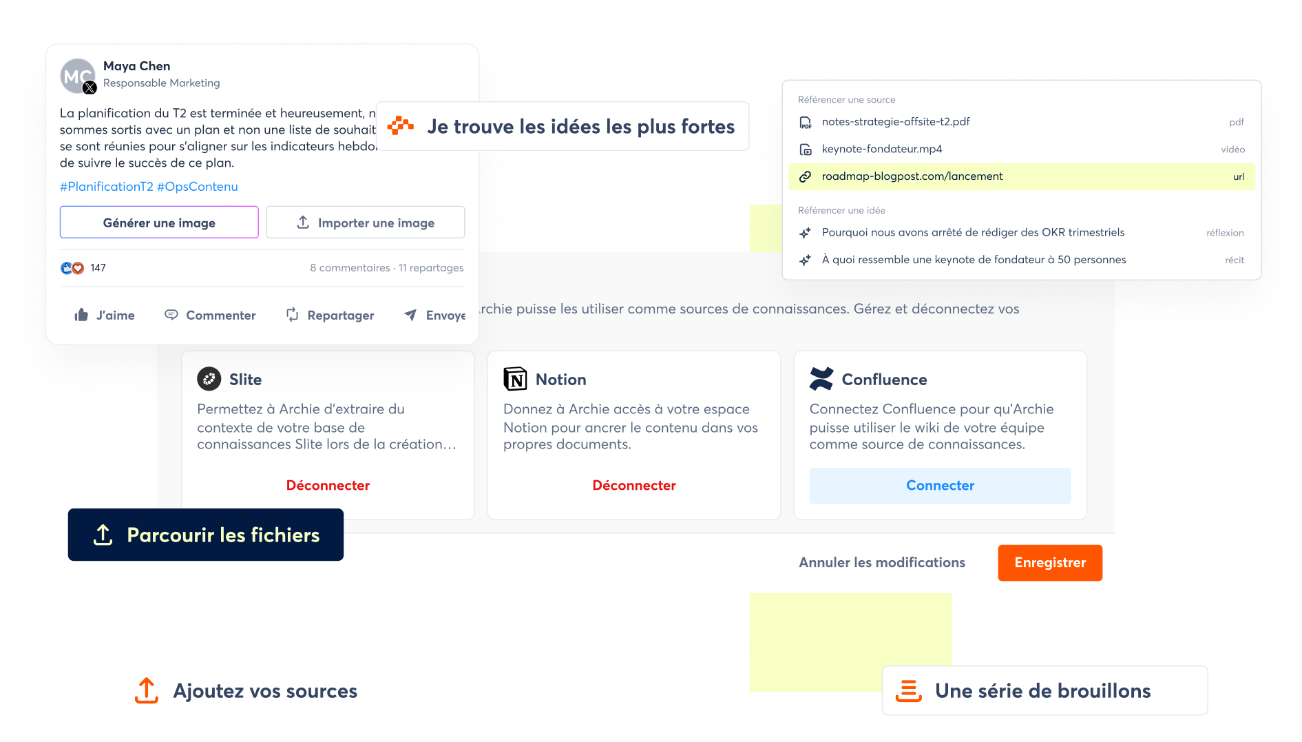 Interface Archie combinant des sources fiables, les publications les plus performantes et une validation humaine pour créer du contenu social en toute sécurité