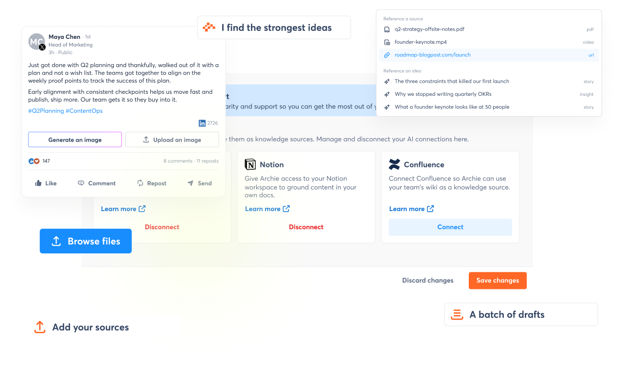 Archie AI interface combining trusted content sources, top-performing posts, and human review for secure social media creation