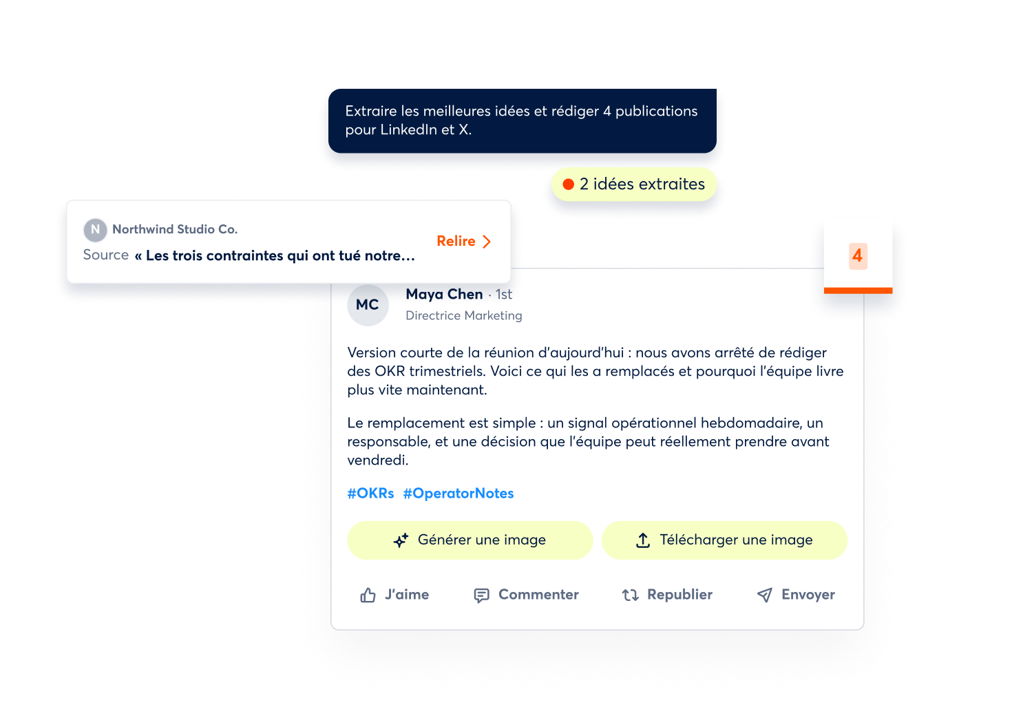 Interface Archie permettant de vérifier des publications générées par IA, de recommander les meilleurs horaires de publication et de programmer le contenu dans un calendrier