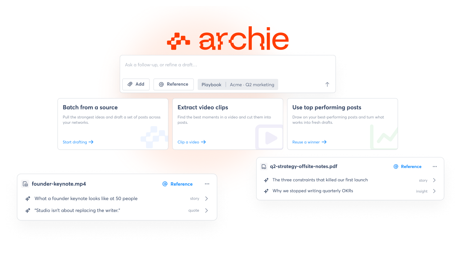 Archie AI repurposing interface turning webinars, videos, articles, and documents into on-brand social media posts