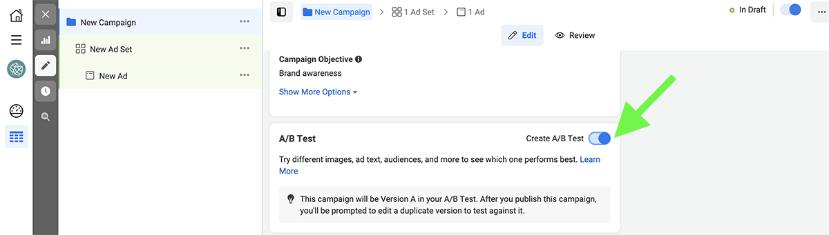 facebook ads ab test campaign level