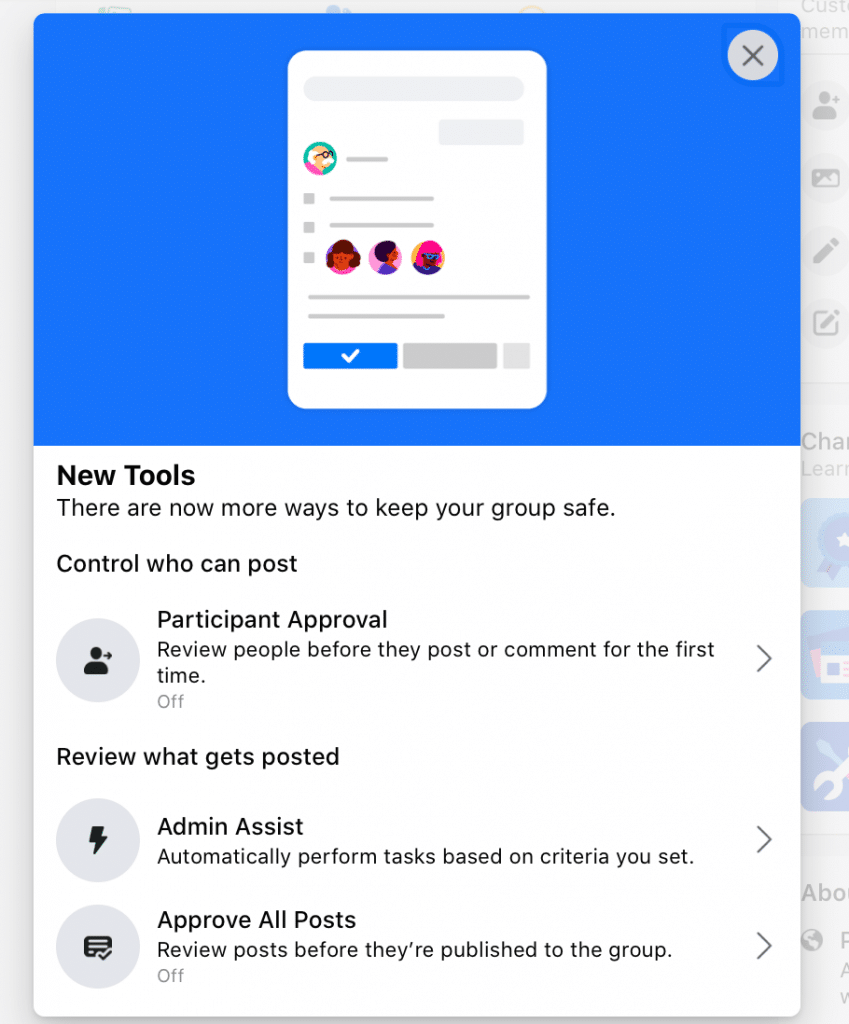 Facebook group creation screen 