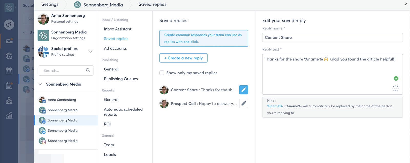 create saved replies to manage multiple social media accounts