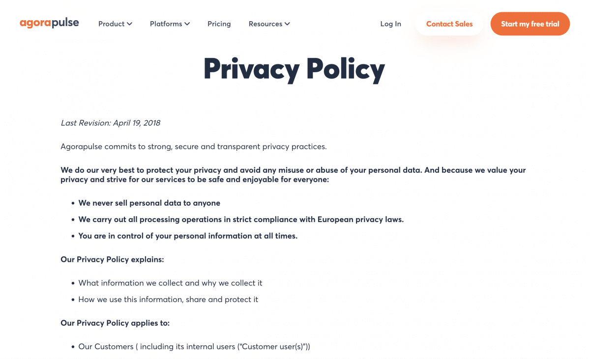 Screenshot of Agorapulse Privacy Policy page