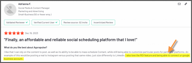 g2 review of agorapulse social ROI