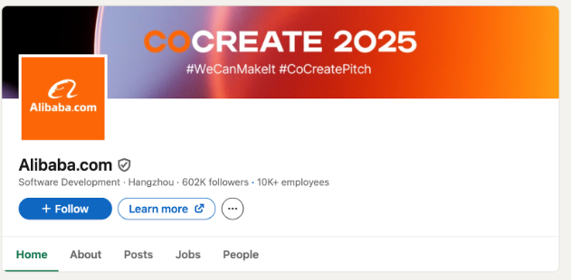 Alibaba.com LinkedIn banner promoting CoCreate 2025 campaign with hashtags #WeCanMakeIt and #CoCreatePitch