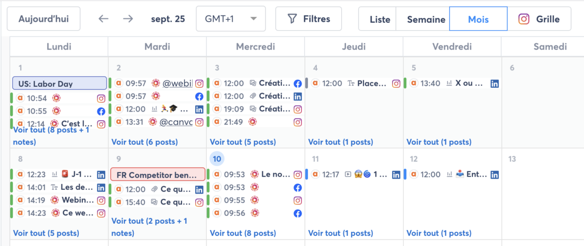 Liste de publications prévues dans l'outil de calendrier et de planification d'Agorapulse