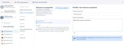 réponses sauvegardées Agorapulse Merci