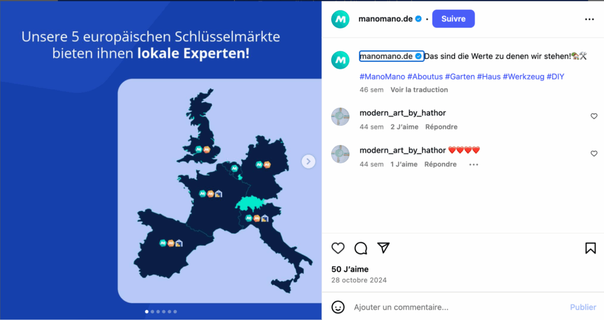 Exemple d'un post en allemand sur le compte Instagram de ManoMano