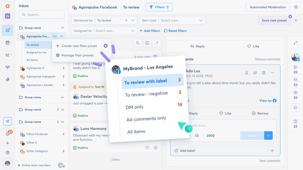 Capture d'écran des filtres prédéfinis