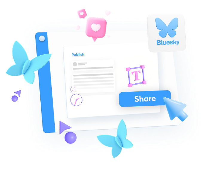 Aperçu de l’outil de publication BlueSky avec un post programmé et les options de connexion au compte