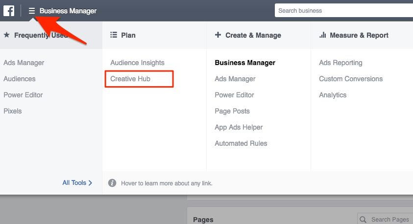 Select 'Creative Hub' from your ads manager menu