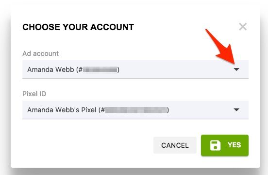 Select your Facebook ad account and pixel