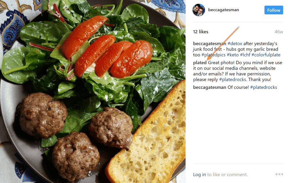 repost on instagram permissions - screenshot of instagram repost of spinach, tomatoes, meatballs, and garlic bread